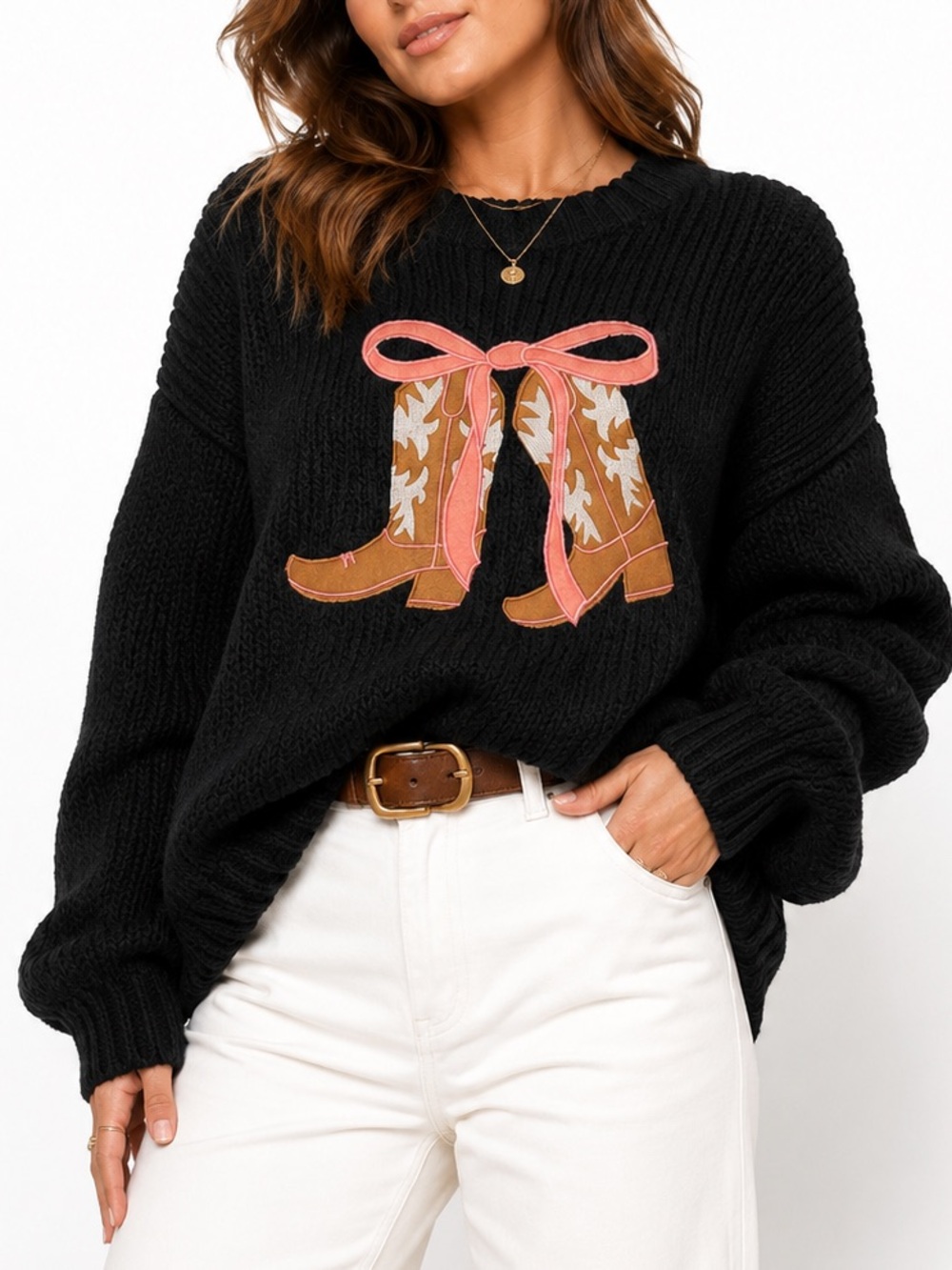 Goldie Lew NWT Oversized Black Pullover Sweater with Western Boot Graphic Large